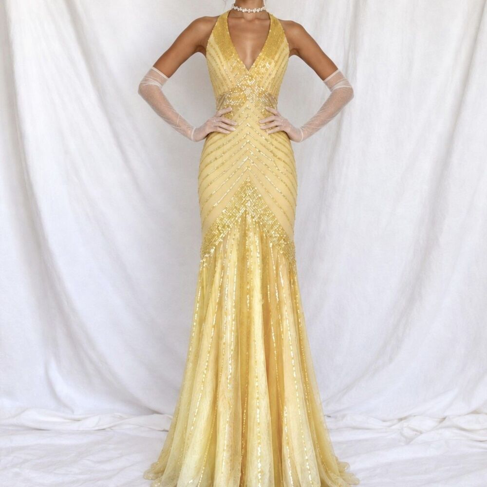 Vintage Y2K Yellow Halter Beaded Sequin Mesh Bodycon Maxi Prom Dress Size XS/S